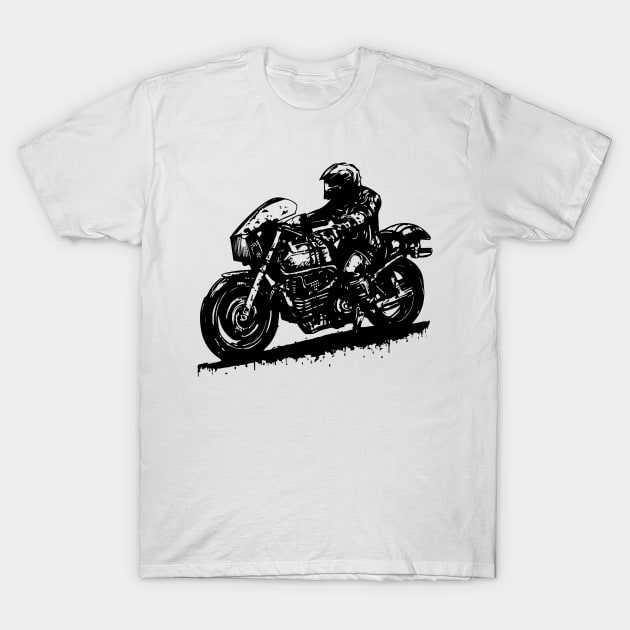 shadow biker riding the motorcycle stencil art black and white T-Shirt by art poo